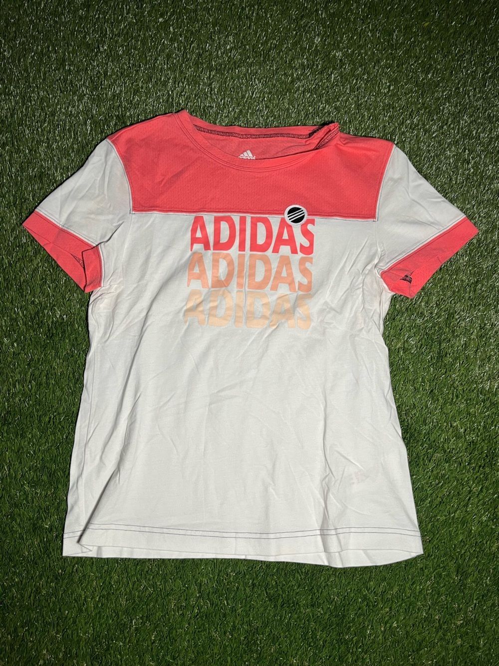 Adidas Coral Performance Mesh Tee with White Logo Women’s Large